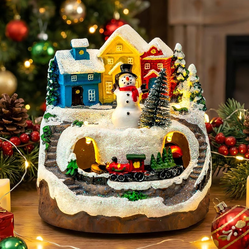 MXwcy Christmas Village House with Moving Train & Music - Lighted Snowman Figurine with 8 Holiday Songs, LED Lights - Resin Collectible Building for Indoor Xmas Decor, Table Centerpiece, Gifts - Image 1